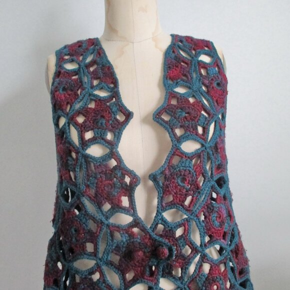 Vintage Crochet Vest Teal and Burgundy - Picture 5 of 6